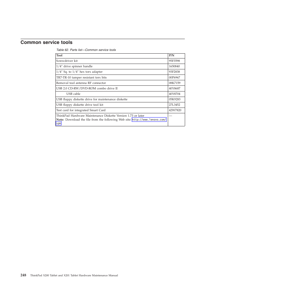 Common service tools | Lenovo X200 User Manual | Page 256 / 260