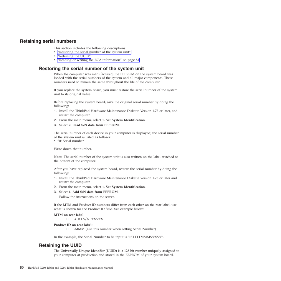 Retaining serial numbers, Restoring the serial number of the system unit, Retaining the uuid | Lenovo X200 User Manual | Page 88 / 260