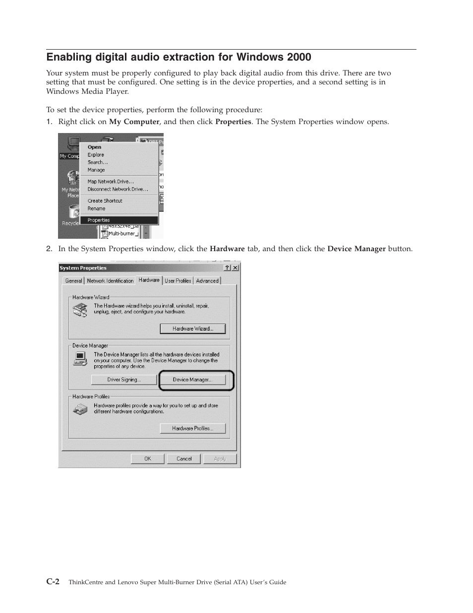 Enabling digital audio extraction for windows 2000, Enabling, Digital | Audio, Extraction, Windows | Lenovo ThinkCentre 41N5626 User Manual | Page 40 / 72