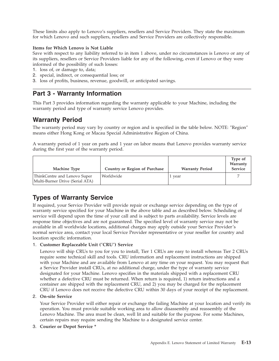 Part 3 - warranty information, Warranty period, Types of warranty service | Part, Warranty, Information, E-13, Period, Types, Service | Lenovo ThinkCentre 41N5626 User Manual | Page 59 / 72