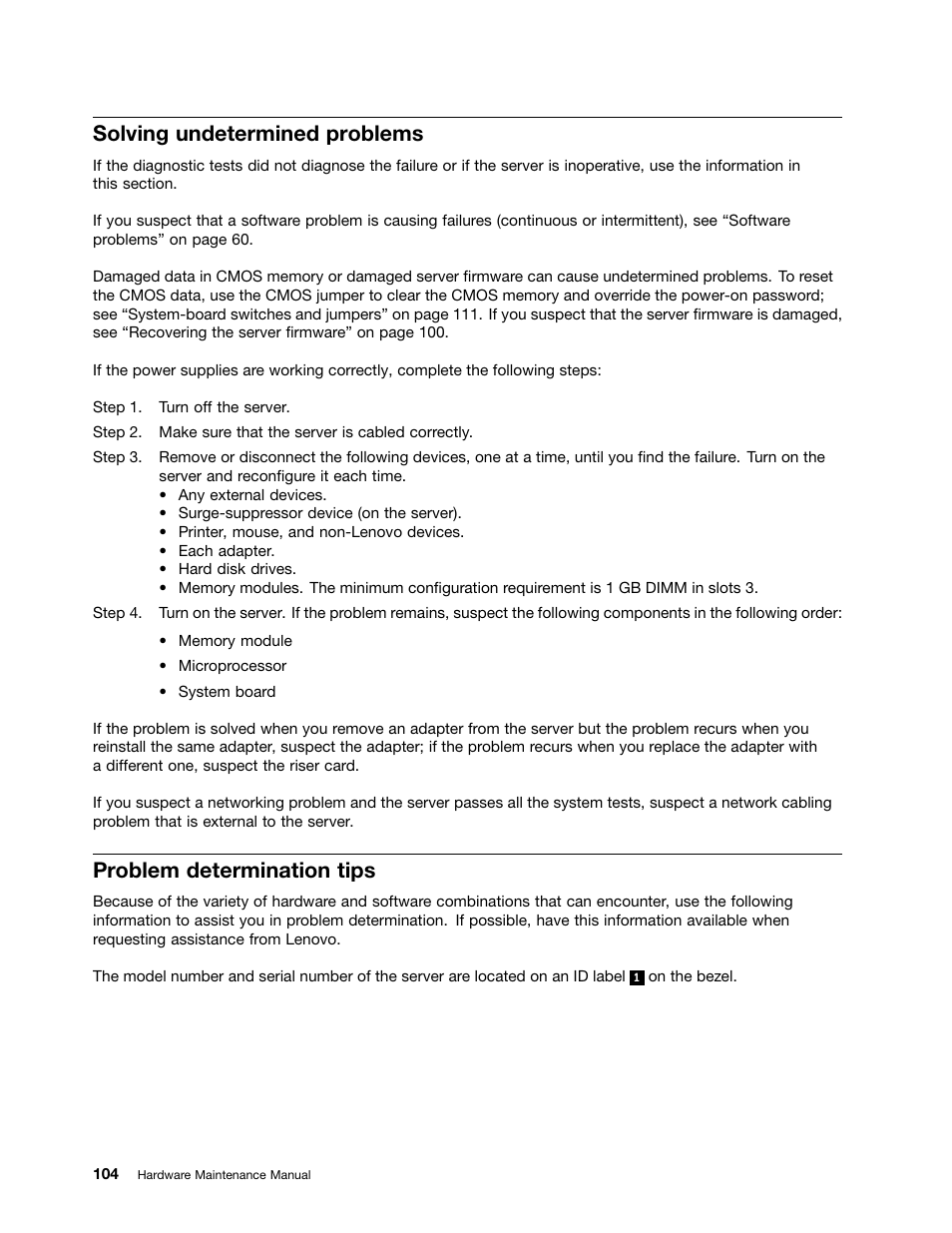 Solving undetermined problems, Problem determination tips | Lenovo 6532 User Manual | Page 112 / 240