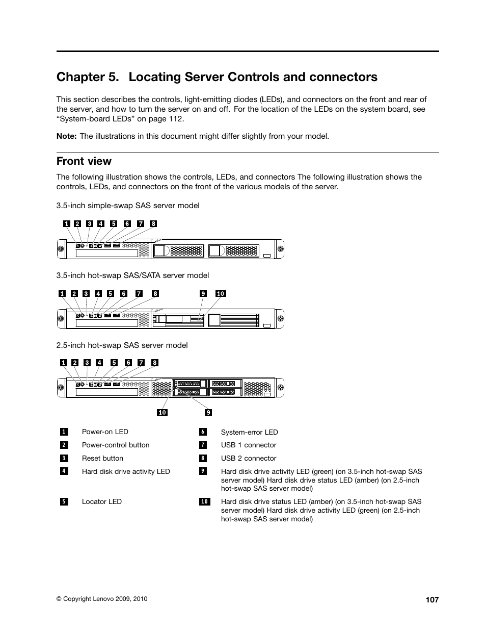 Chapter 5. locating server controls and connectors, Front view | Lenovo 6532 User Manual | Page 115 / 240