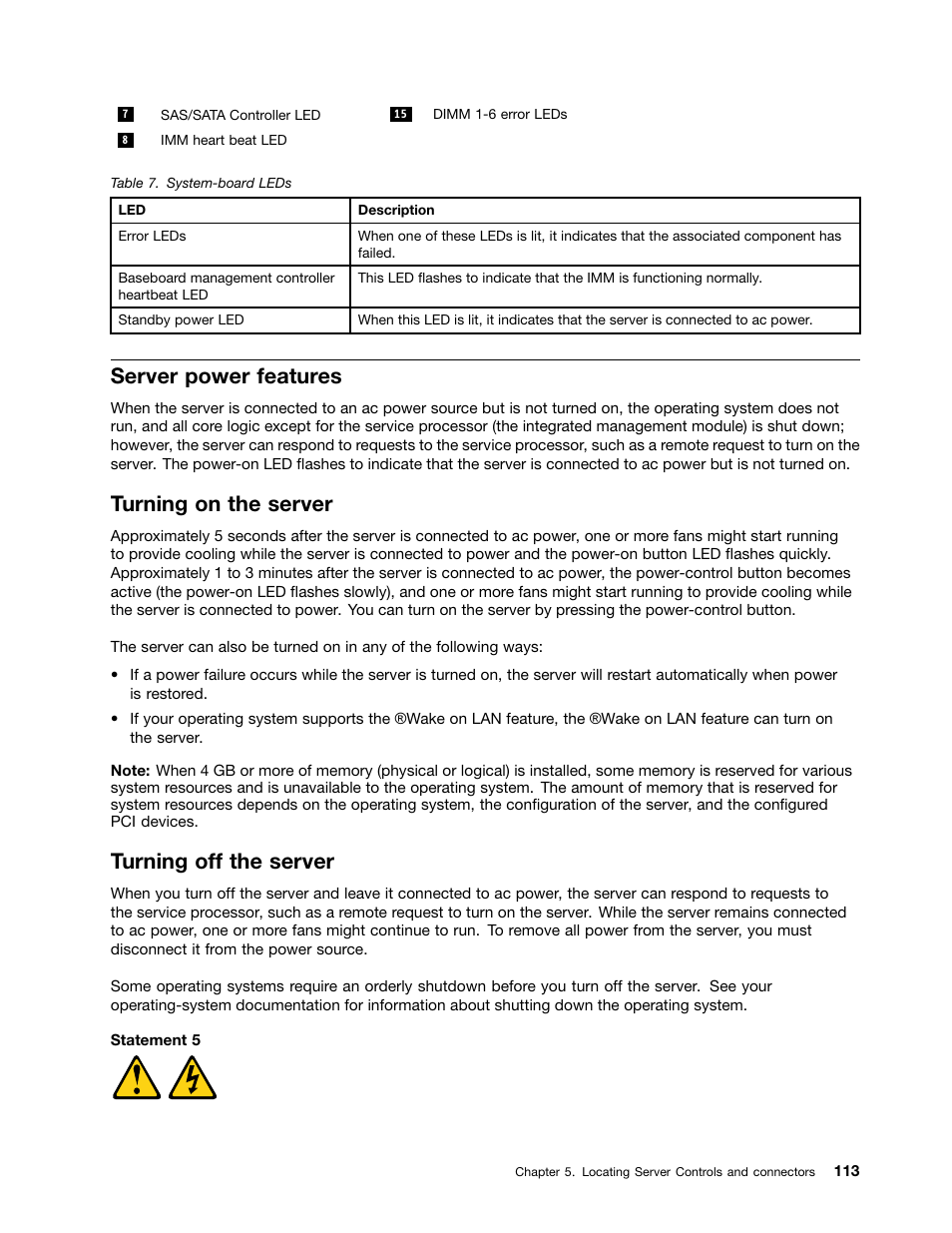 Server power features, Turning on the server, Turning off the server | Lenovo 6532 User Manual | Page 121 / 240