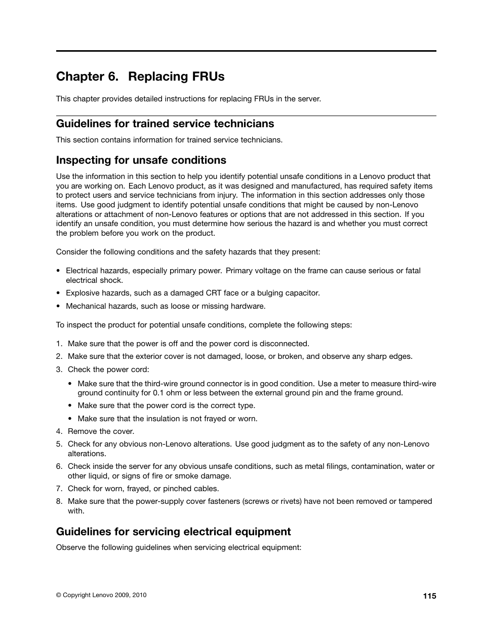 Chapter 6. replacing frus, Guidelines for trained service technicians, Inspecting for unsafe conditions | Guidelines for servicing electrical equipment | Lenovo 6532 User Manual | Page 123 / 240