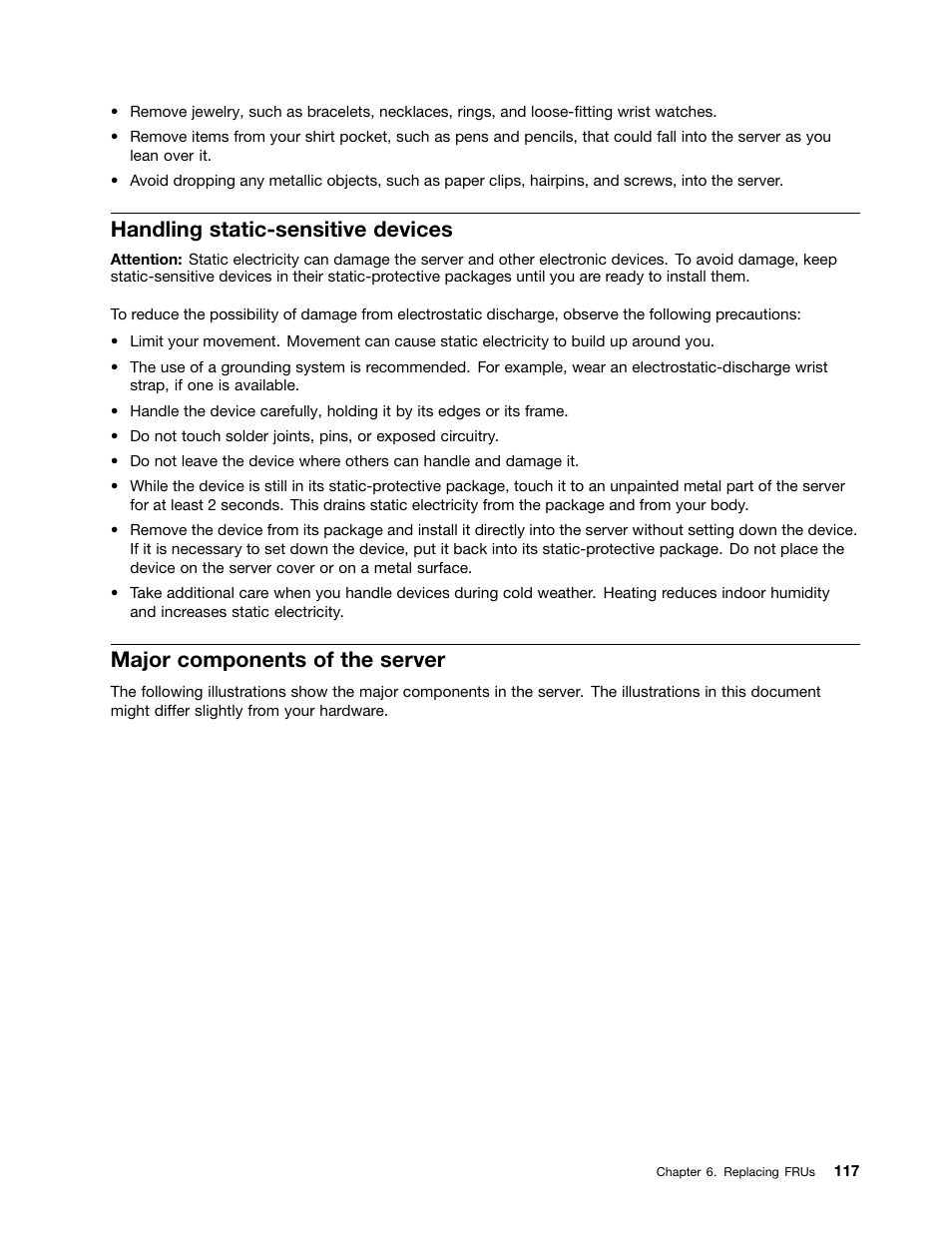 Handling static-sensitive devices, Major components of the server | Lenovo 6532 User Manual | Page 125 / 240
