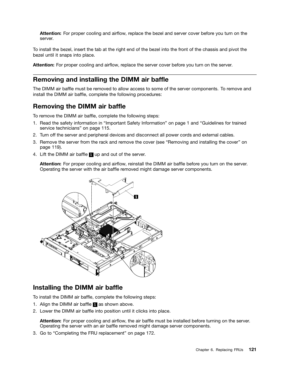 Removing and installing the dimm air baffle, Removing the dimm air baffle, Installing the dimm air baffle | Lenovo 6532 User Manual | Page 129 / 240