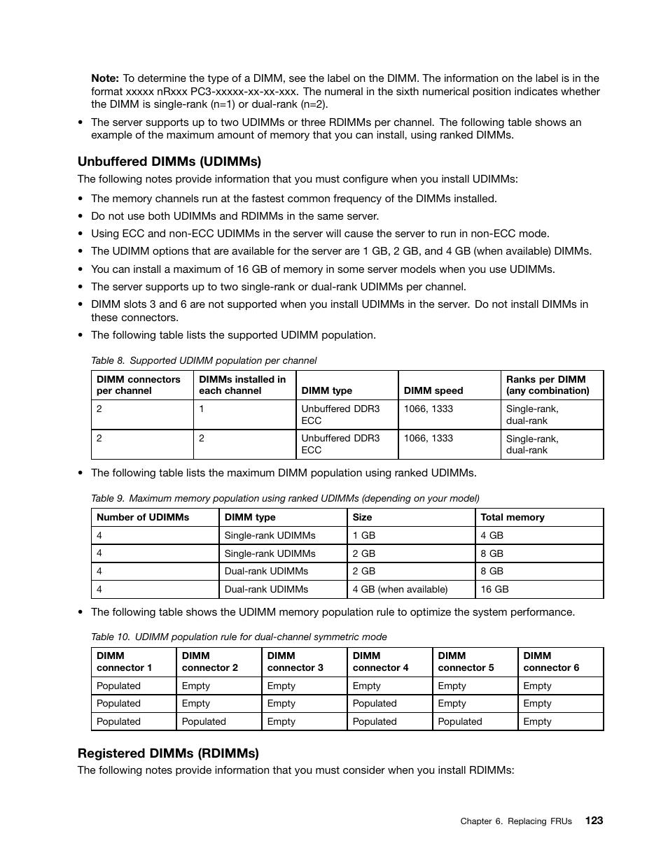 Unbuffered dimms (udimms), Registered dimms (rdimms) | Lenovo 6532 User Manual | Page 131 / 240