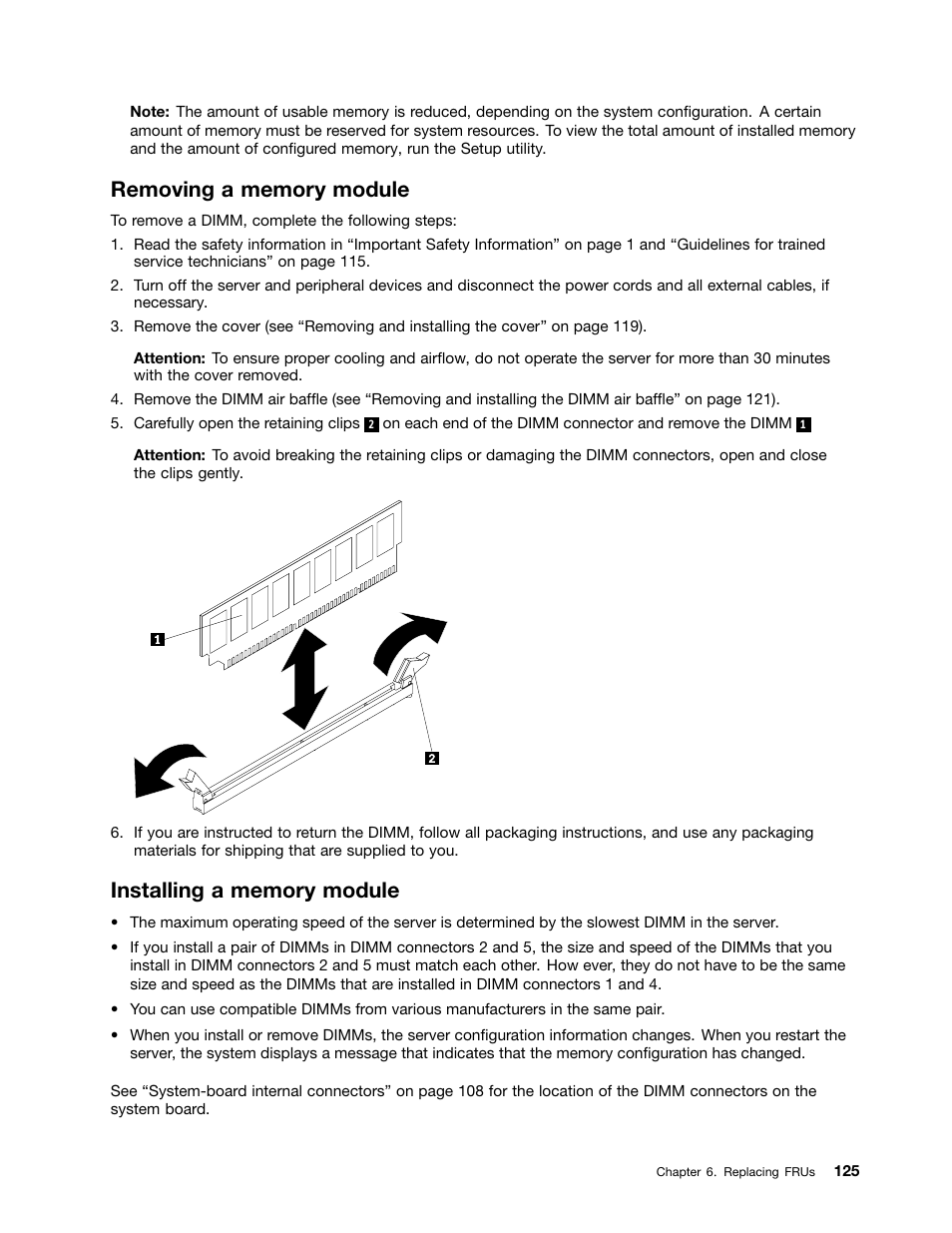 Removing a memory module, Installing a memory module | Lenovo 6532 User Manual | Page 133 / 240