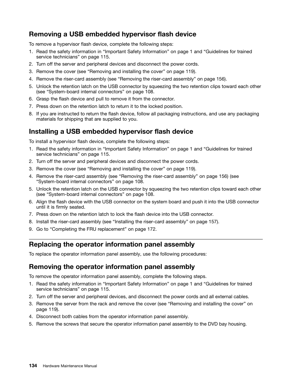 Removing a usb embedded hypervisor flash device, Installing a usb embedded hypervisor flash device, Replacing the operator information panel assembly | Removing the operator information panel assembly | Lenovo 6532 User Manual | Page 142 / 240