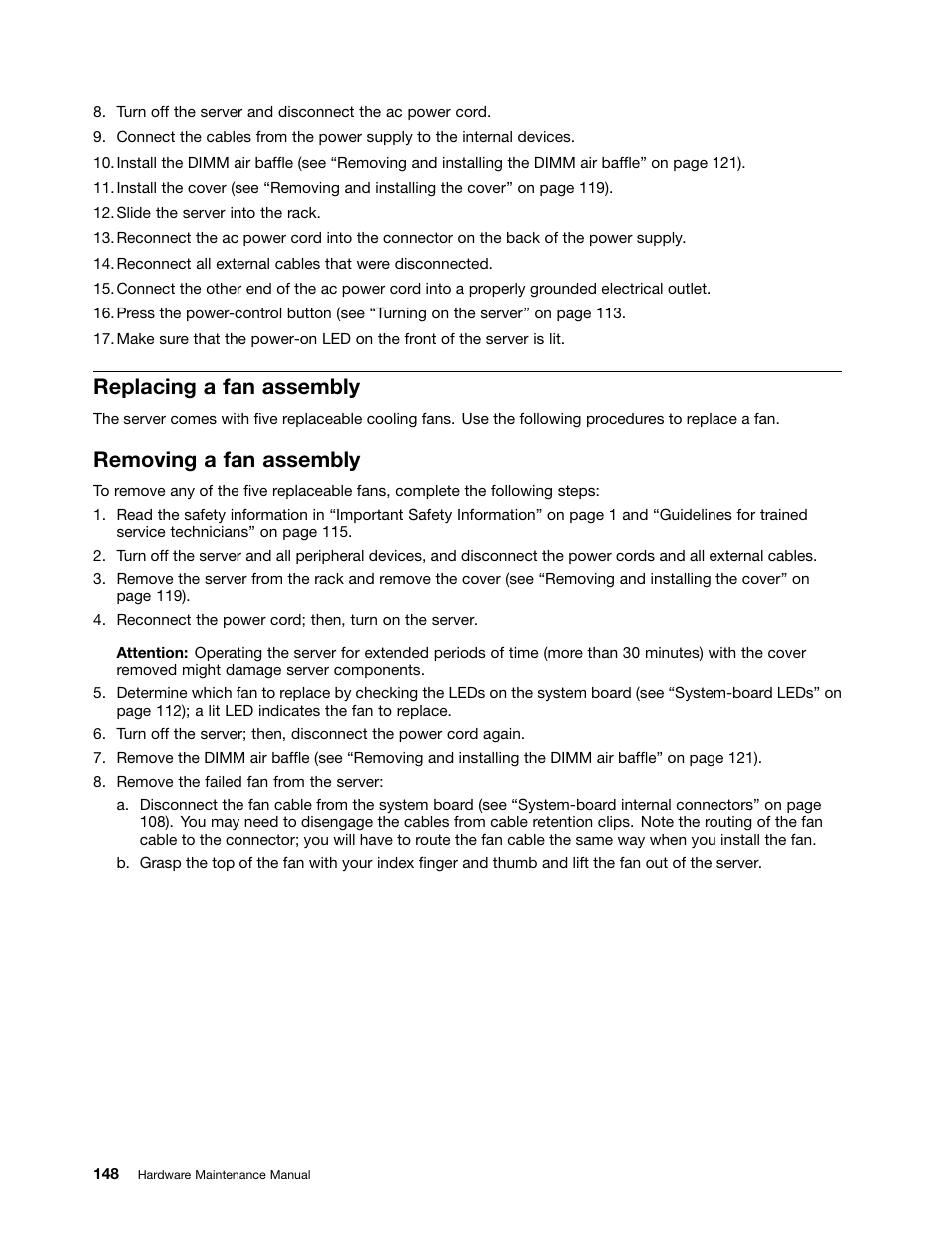 Replacing a fan assembly, Removing a fan assembly | Lenovo 6532 User Manual | Page 156 / 240