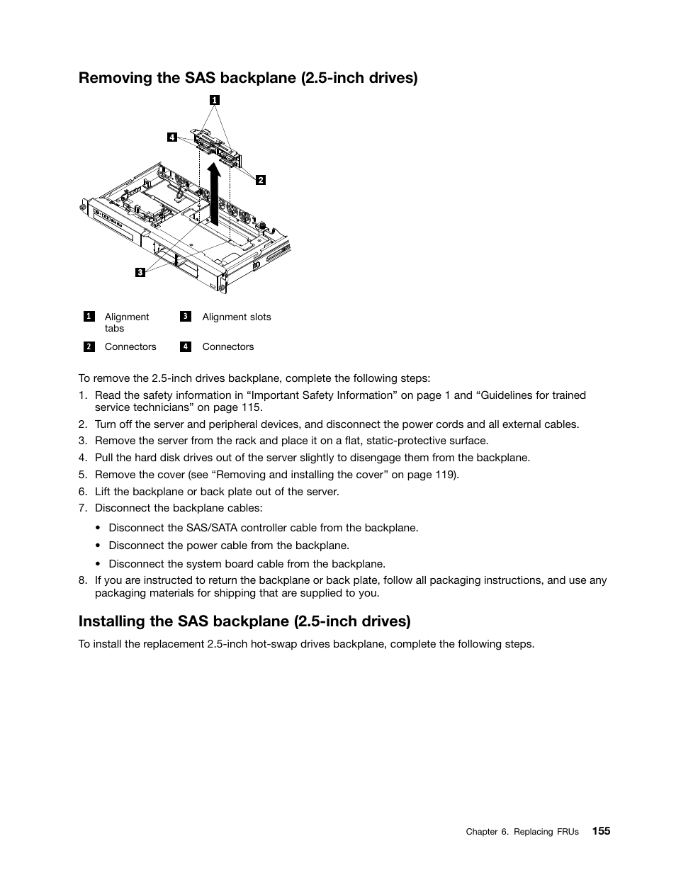 Removing the sas backplane (2.5-inch drives), Installing the sas backplane (2.5-inch drives) | Lenovo 6532 User Manual | Page 163 / 240