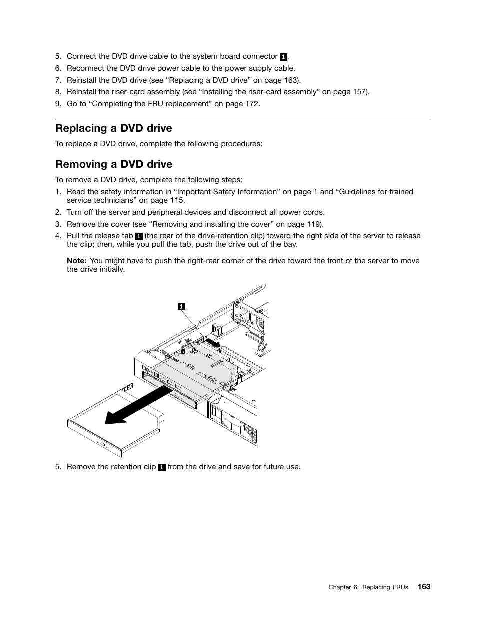 Replacing a dvd drive, Removing a dvd drive | Lenovo 6532 User Manual | Page 171 / 240