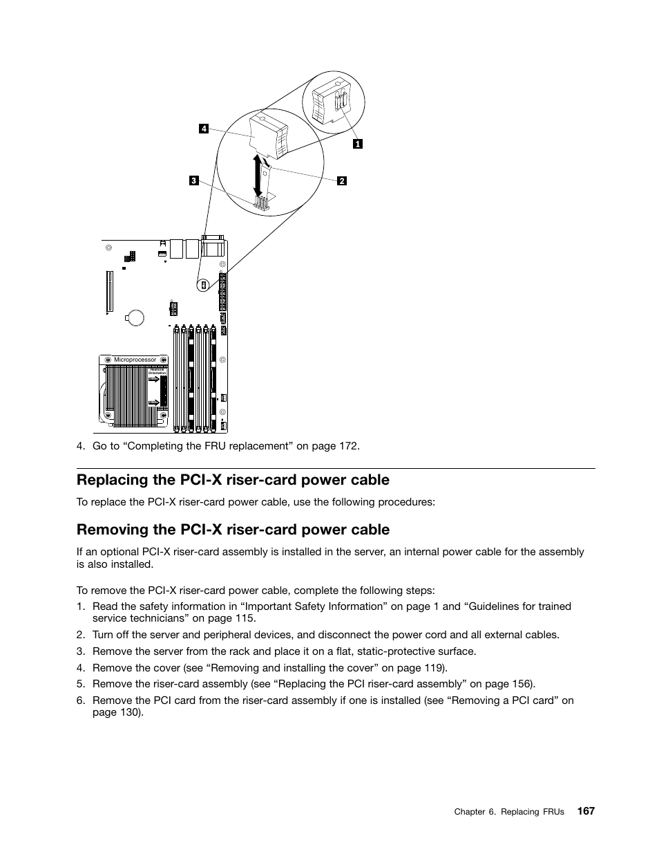 Replacing the pci-x riser-card power cable, Removing the pci-x riser-card power cable | Lenovo 6532 User Manual | Page 175 / 240