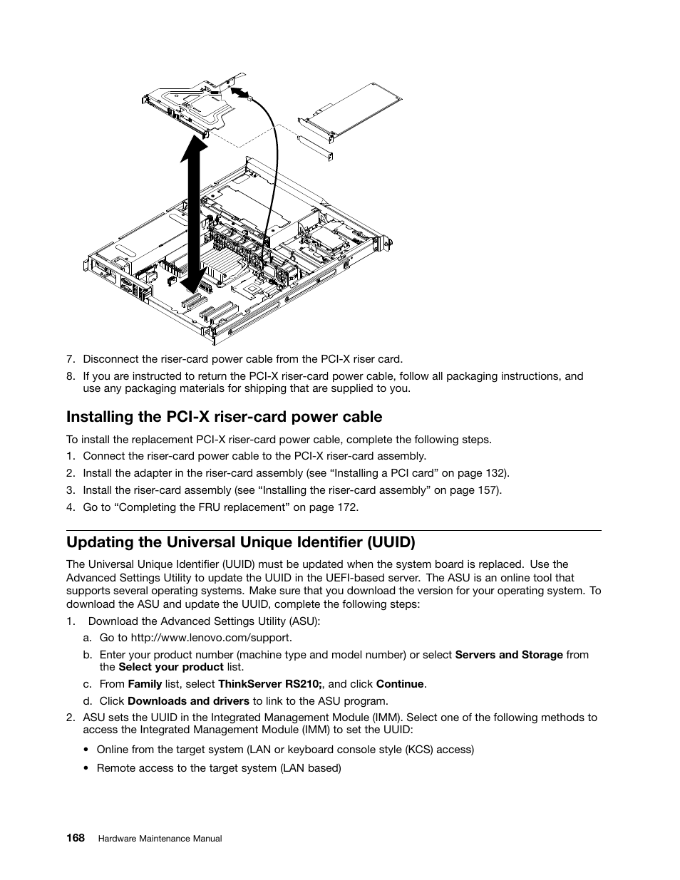 Installing the pci-x riser-card power cable, Updating the universal unique identifier (uuid) | Lenovo 6532 User Manual | Page 176 / 240