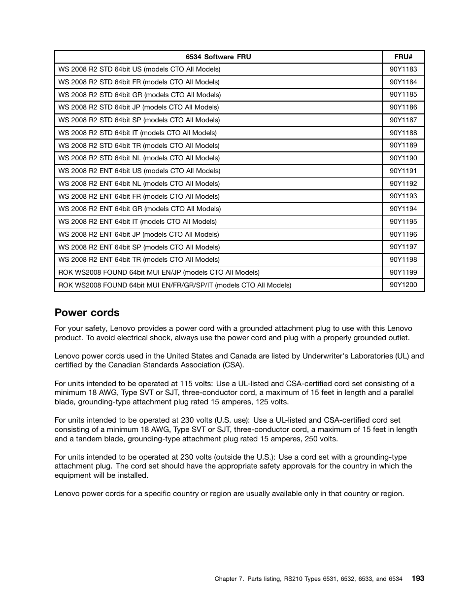 Power cords | Lenovo 6532 User Manual | Page 201 / 240