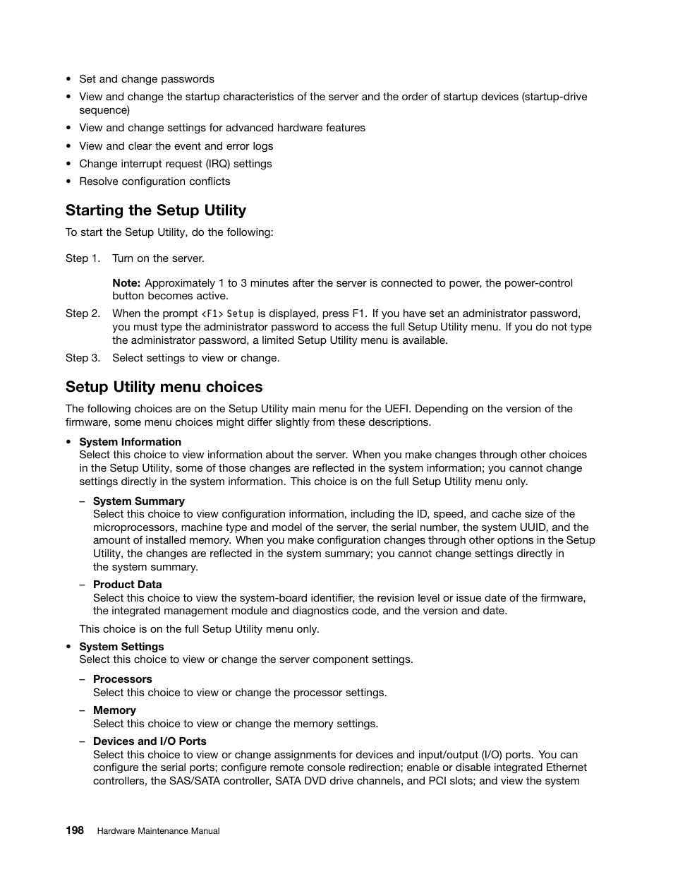 Starting the setup utility, Setup utility menu choices | Lenovo 6532 User Manual | Page 206 / 240