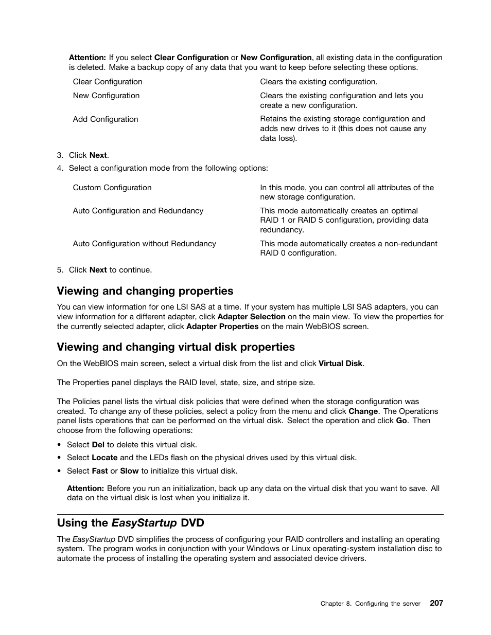 Viewing and changing properties, Viewing and changing virtual disk properties, Using the easystartup dvd | Lenovo 6532 User Manual | Page 215 / 240