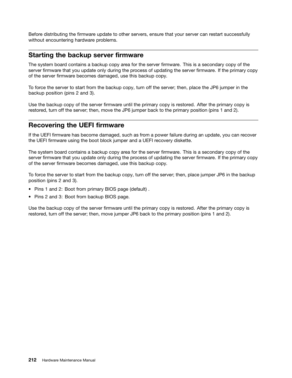 Starting the backup server firmware, Recovering the uefi firmware | Lenovo 6532 User Manual | Page 220 / 240