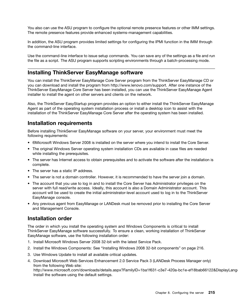 Installing thinkserver easymanage software, Installation requirements, Installation order | Lenovo 6532 User Manual | Page 223 / 240