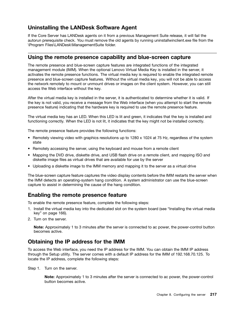 Uninstalling the landesk software agent, Enabling the remote presence feature, Obtaining the ip address for the imm | Lenovo 6532 User Manual | Page 225 / 240