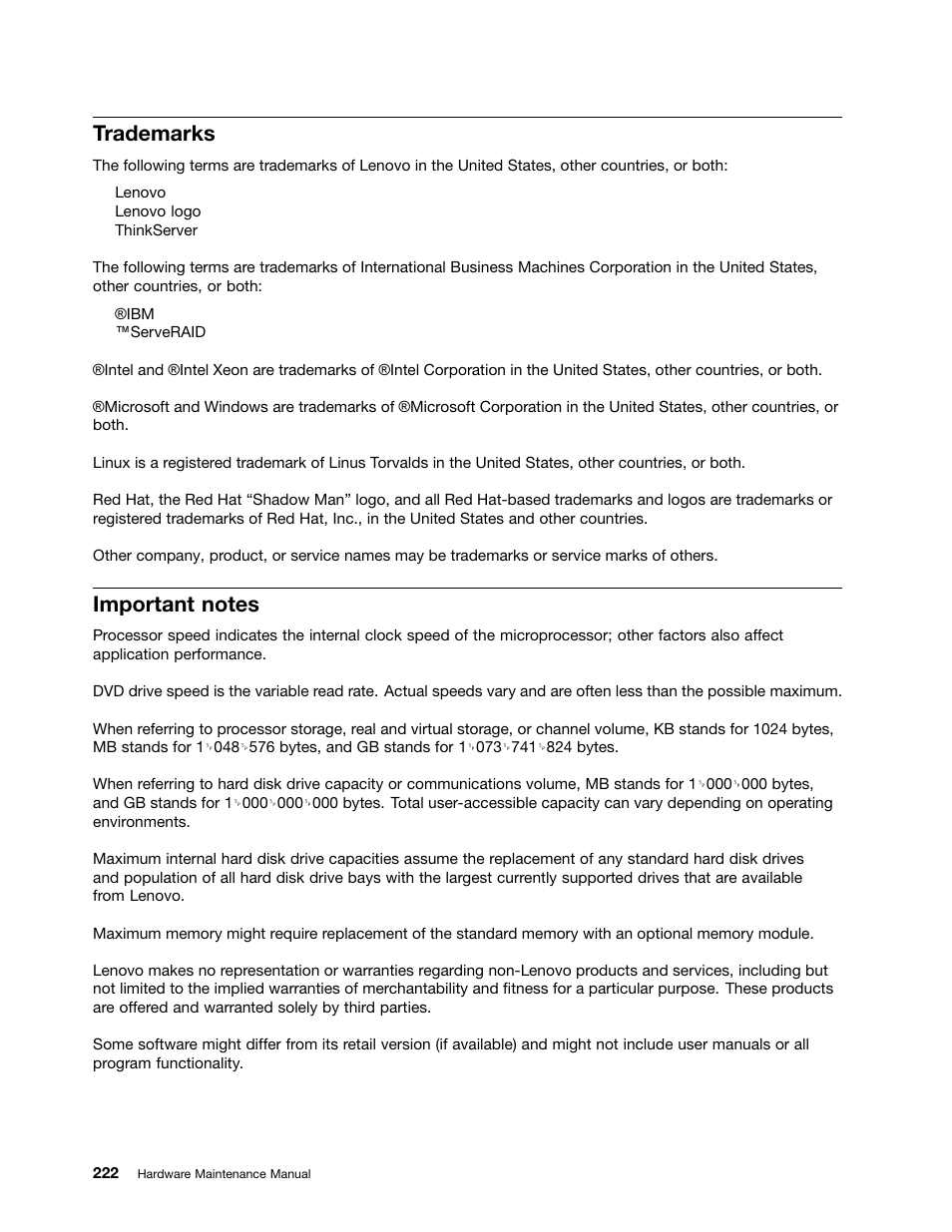Trademarks, Important notes | Lenovo 6532 User Manual | Page 230 / 240