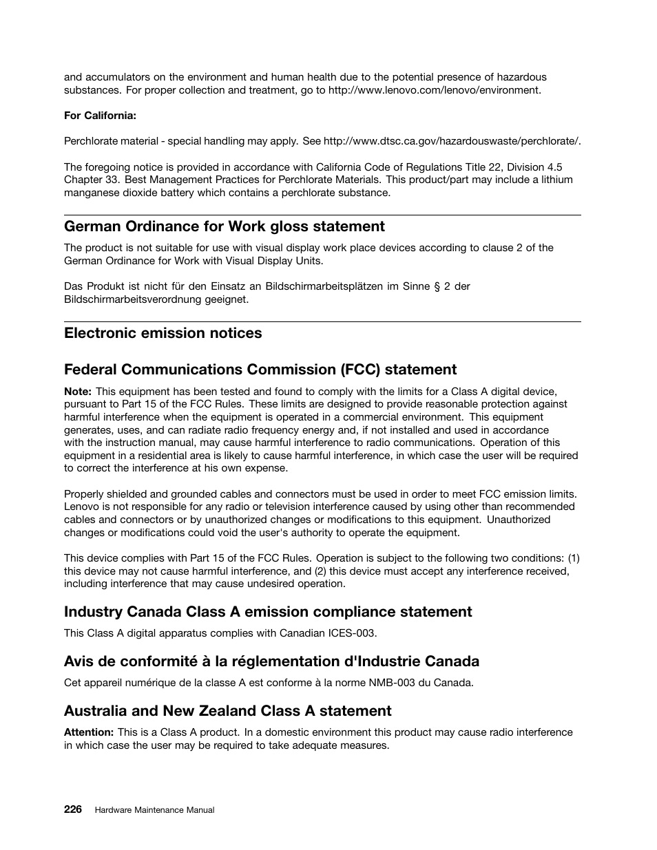 German ordinance for work gloss statement, Electronic emission notices, Federal communications commission (fcc) statement | Australia and new zealand class a statement | Lenovo 6532 User Manual | Page 234 / 240