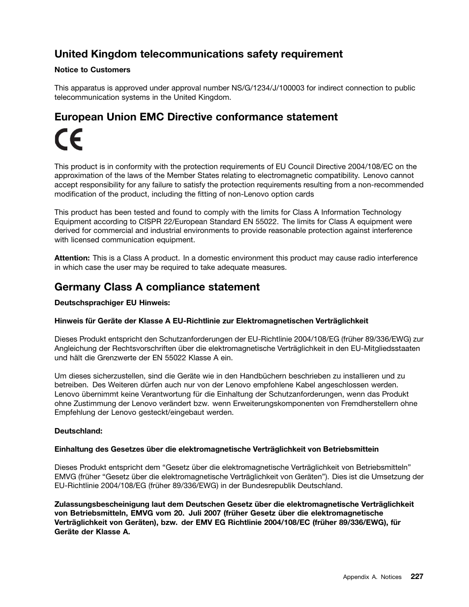 European union emc directive conformance statement, Germany class a compliance statement | Lenovo 6532 User Manual | Page 235 / 240