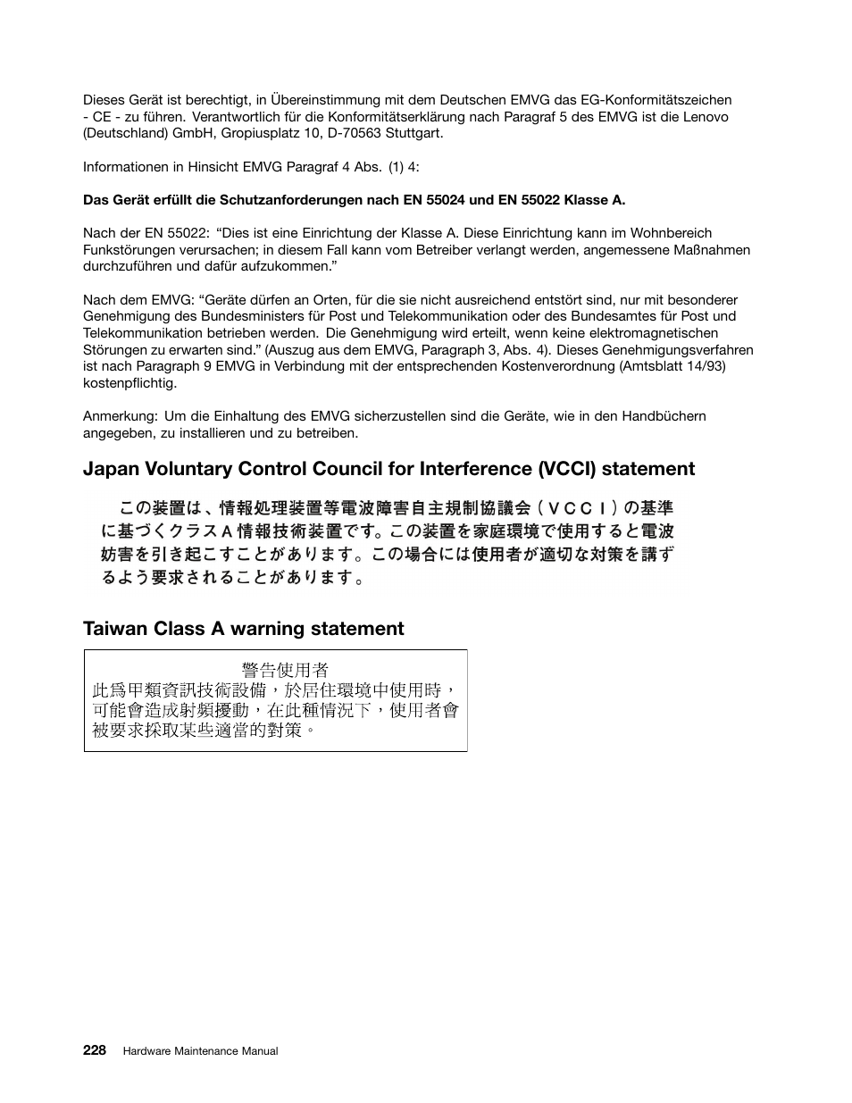 Taiwan class a warning statement | Lenovo 6532 User Manual | Page 236 / 240