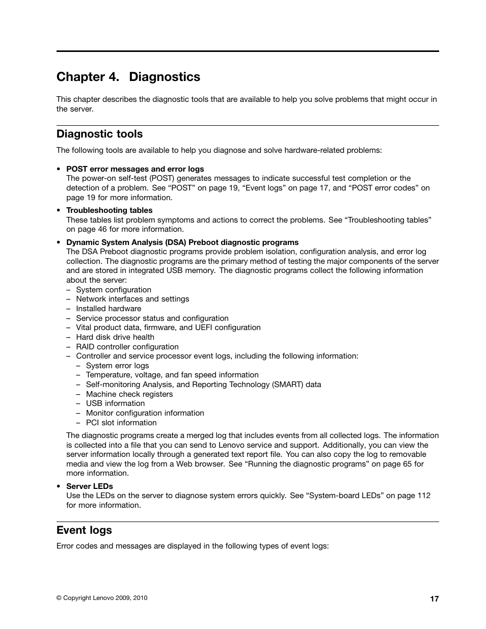 Chapter 4. diagnostics, Diagnostic tools, Event logs | Lenovo 6532 User Manual | Page 25 / 240