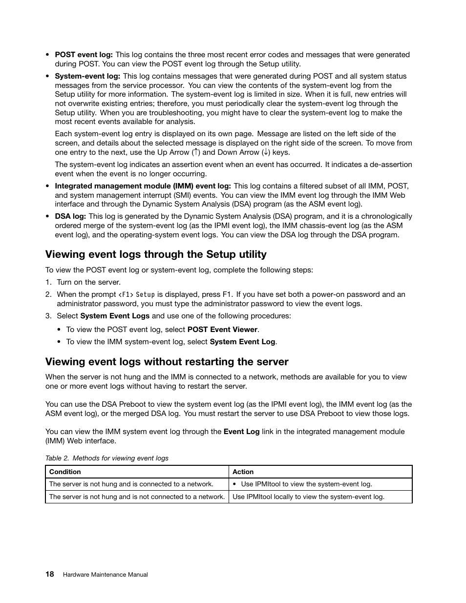 Viewing event logs through the setup utility, Viewing event logs without restarting the server | Lenovo 6532 User Manual | Page 26 / 240
