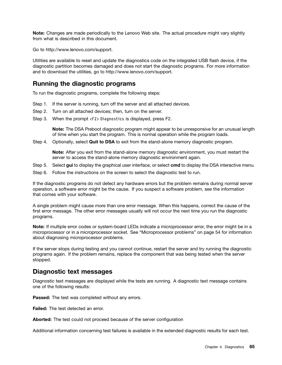 Running the diagnostic programs, Diagnostic text messages, Running | Lenovo 6532 User Manual | Page 73 / 240