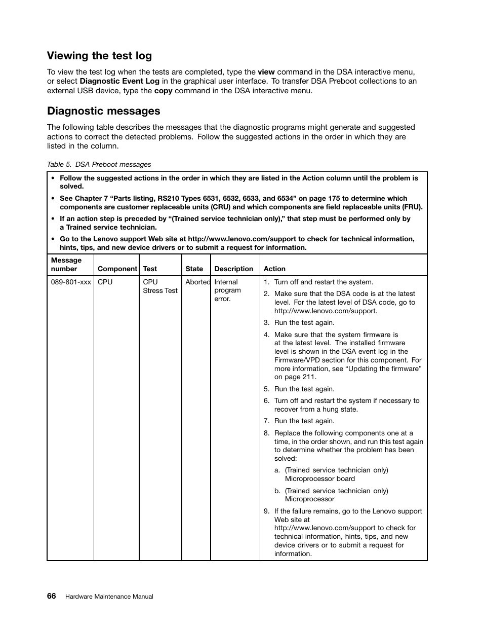 Viewing the test log, Diagnostic messages | Lenovo 6532 User Manual | Page 74 / 240