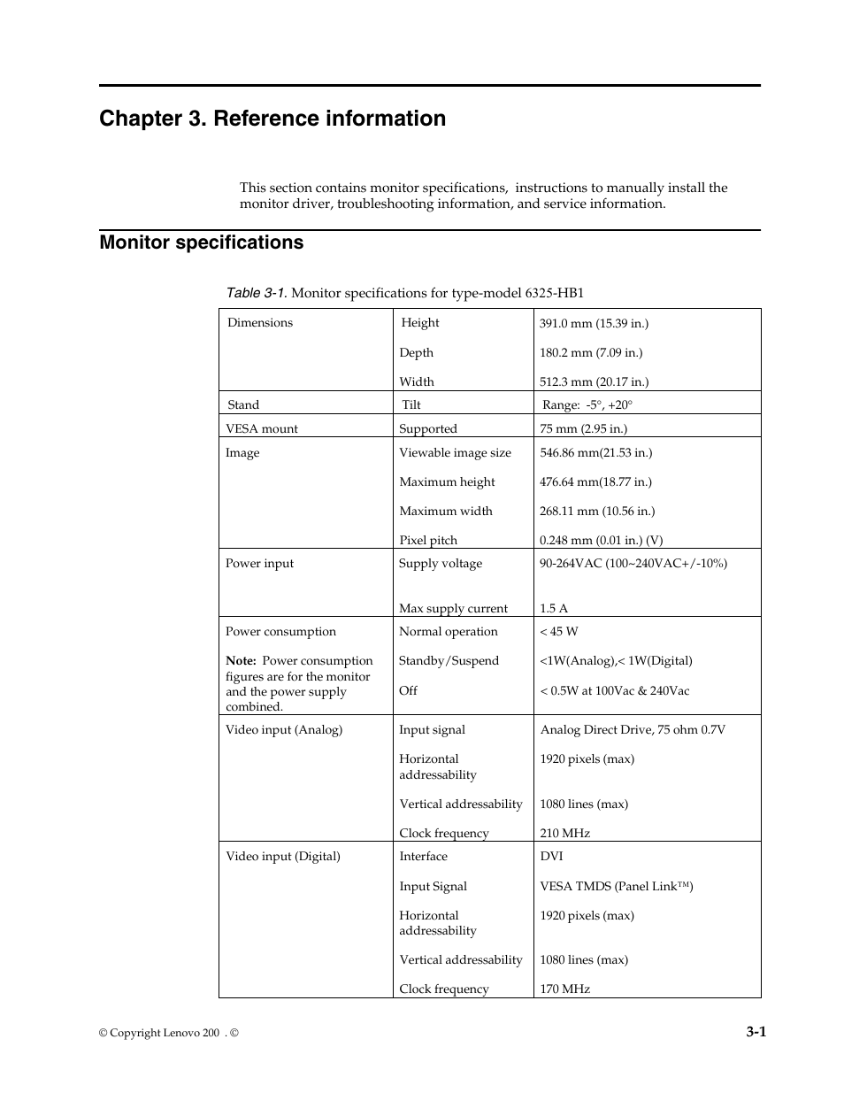 Chapter 3. reference information, Monitor specifications, Detaching the monitor stand -9 | Lenovo L215 User Manual | Page 20 / 33