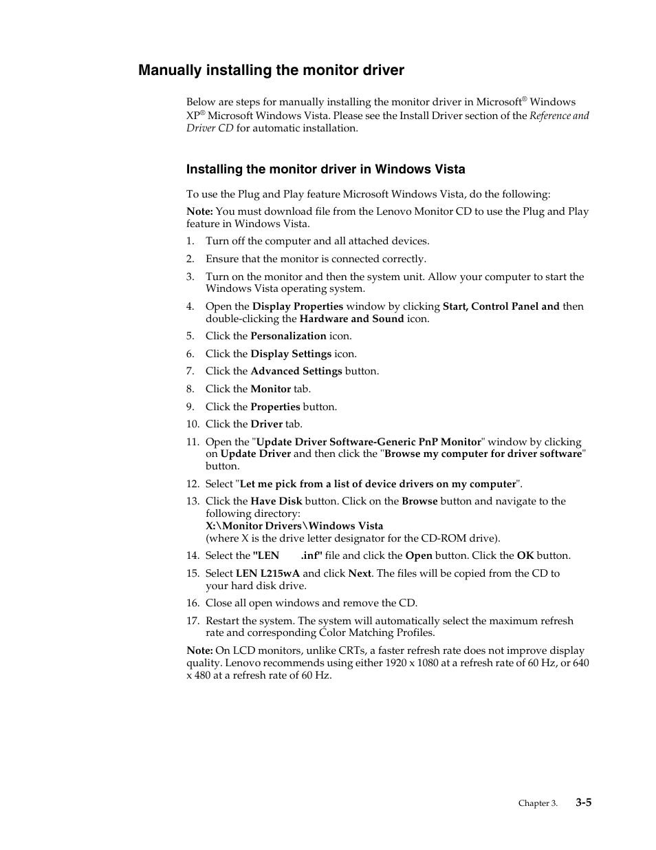 Manually installing the monitor driver, Installing the monitor driver in windows vista, Troubleshooting -3 | Lenovo L215 User Manual | Page 24 / 33