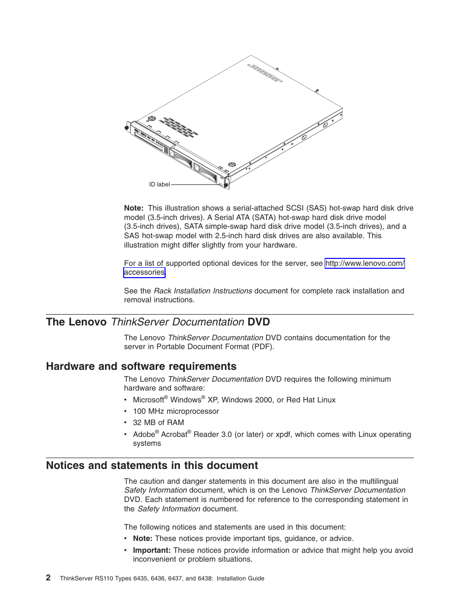 The lenovo thinkserver documentation dvd, Hardware and software requirements, Notices and statements in this document | Lenovo, Thinkserver, Documentation, Hardware, Software, Requirements, Notices | Lenovo 6435 User Manual | Page 16 / 88