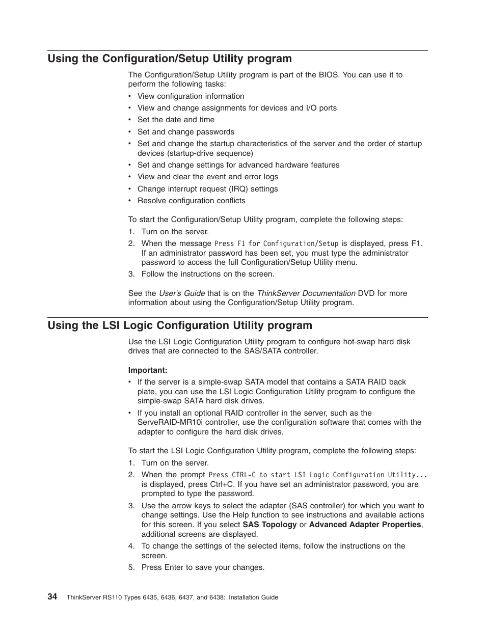 Using the configuration/setup utility program, Using the lsi logic configuration utility program, Using | Configuration/setup, Utility, Program, Logic, Configuration | Lenovo 6435 User Manual | Page 48 / 88