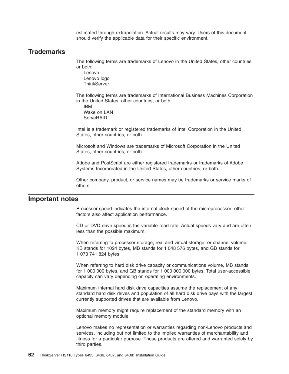Trademarks, Important notes, Important | Notes | Lenovo 6435 User Manual | Page 76 / 88
