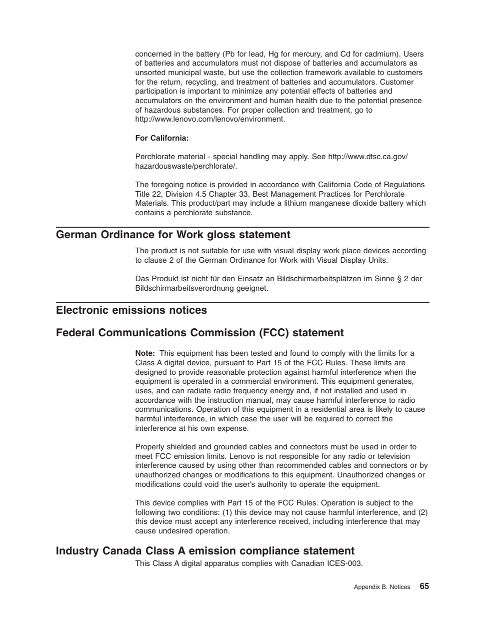 German ordinance for work gloss statement, Electronic emissions notices, Federal communications commission (fcc) statement | German, Ordinance, Work, Gloss, Statement, Electronic, Emissions | Lenovo 6435 User Manual | Page 79 / 88