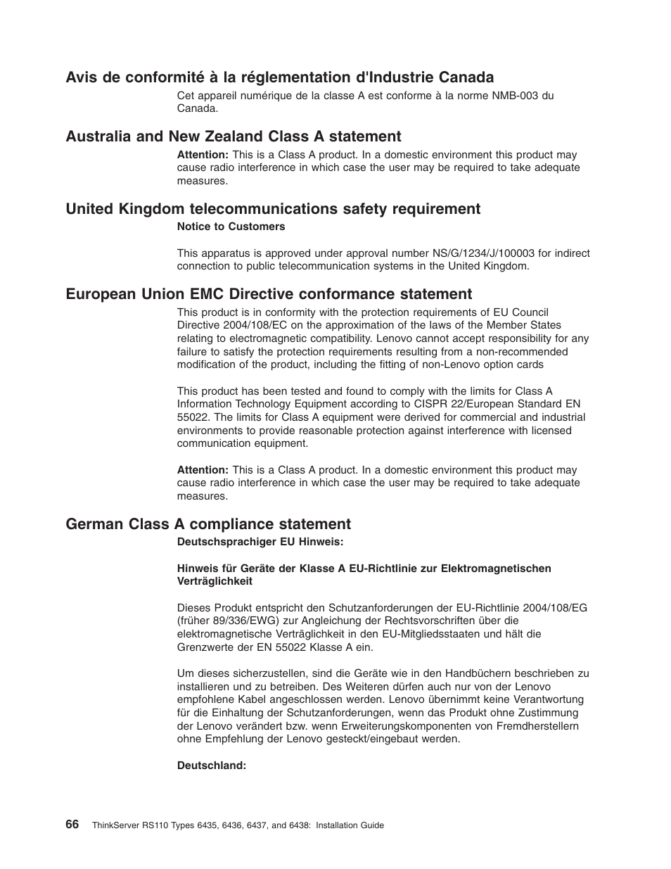 Australia and new zealand class a statement, European union emc directive conformance statement, German class a compliance statement | Avis, Conformité, Réglementation, D'industrie, Canada, Australia, Zealand | Lenovo 6435 User Manual | Page 80 / 88
