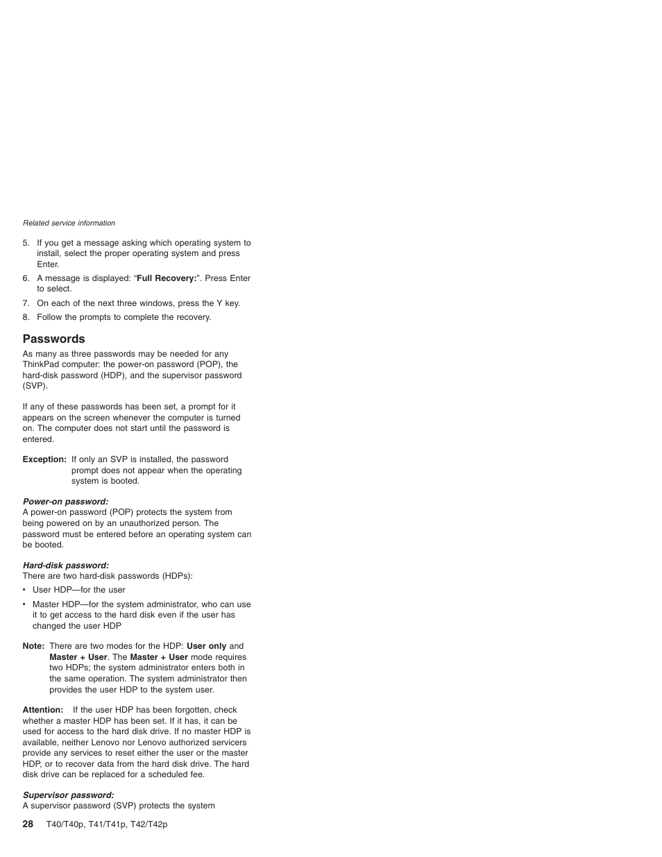 Passwords | Lenovo THINKPAD T41/T41P User Manual | Page 34 / 260