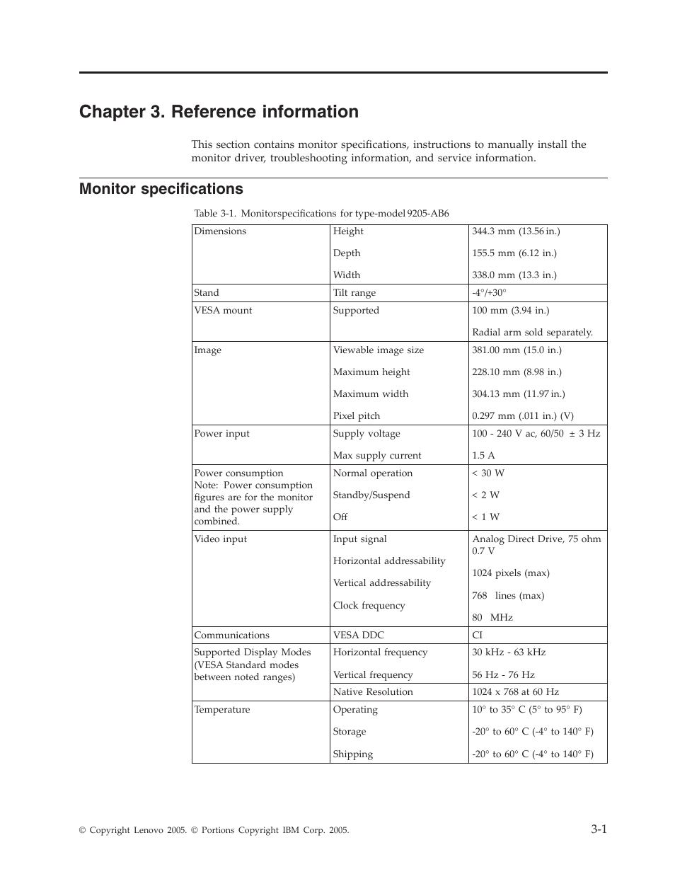 Chapter 3. reference information, Monitor specifications, Chapter | Reference, Information, Monitor, Specifications | Lenovo L151 User Manual | Page 17 / 29