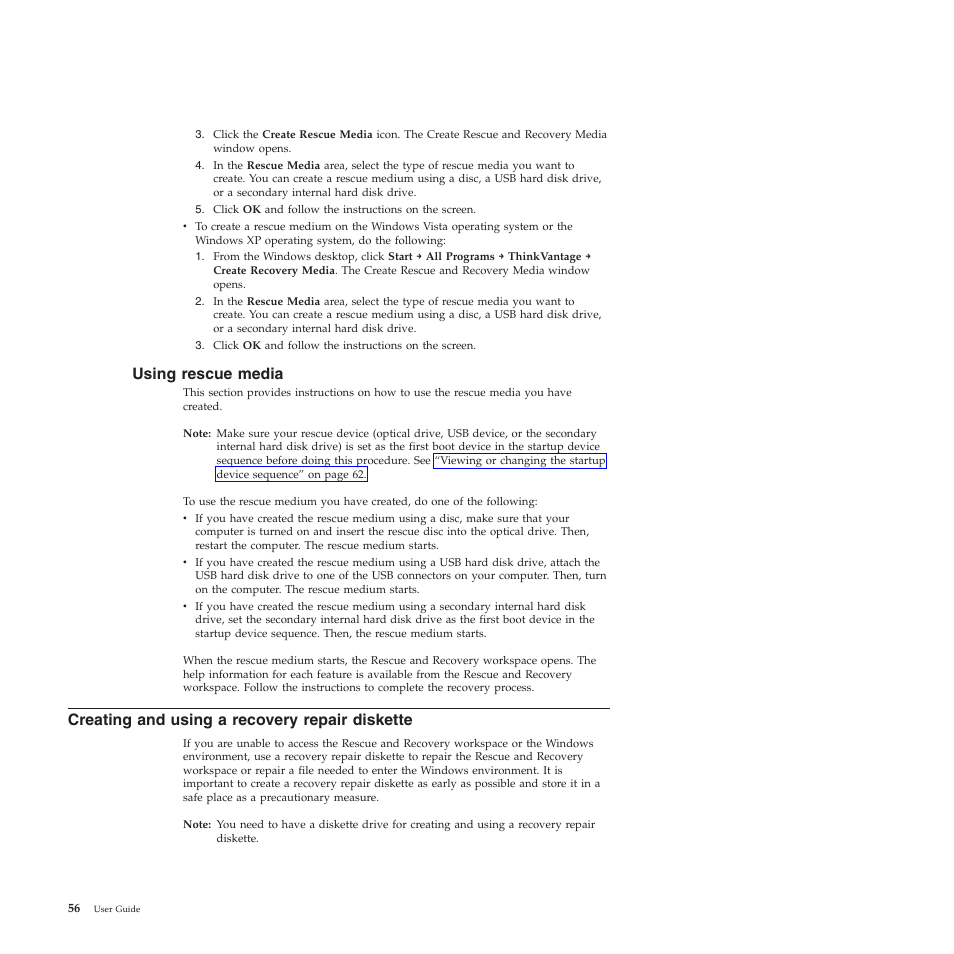 Using rescue media, Creating and using a recovery repair diskette | Lenovo 5393 User Manual | Page 64 / 94