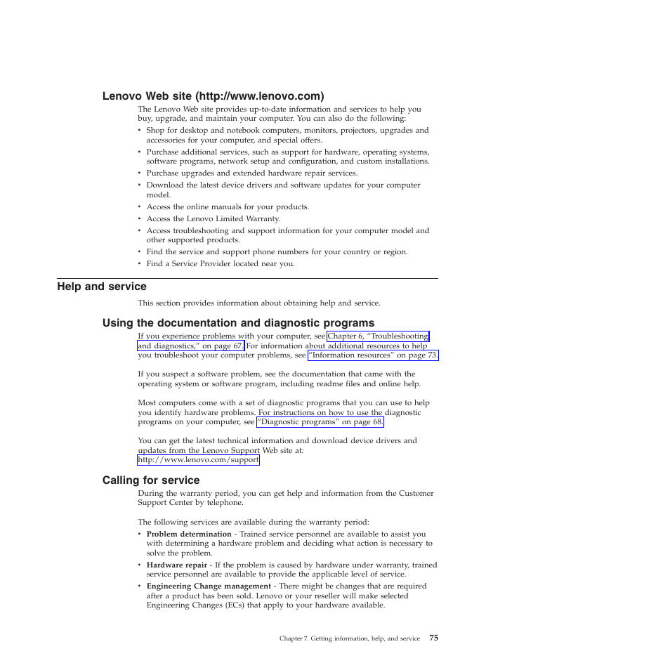 Lenovo web site (http://www.lenovo.com), Help and service, Using the documentation and diagnostic programs | Calling for service | Lenovo 5393 User Manual | Page 83 / 94