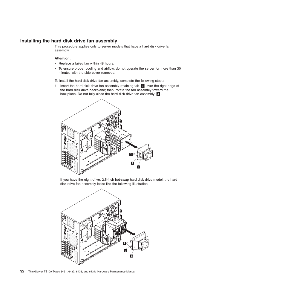 Installing the hard disk drive fan assembly | Lenovo TS100 User Manual | Page 110 / 284