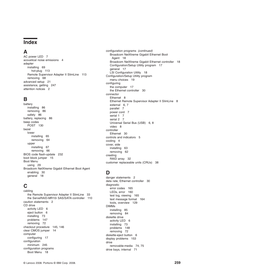 Index, Index a | Lenovo TS100 User Manual | Page 277 / 284