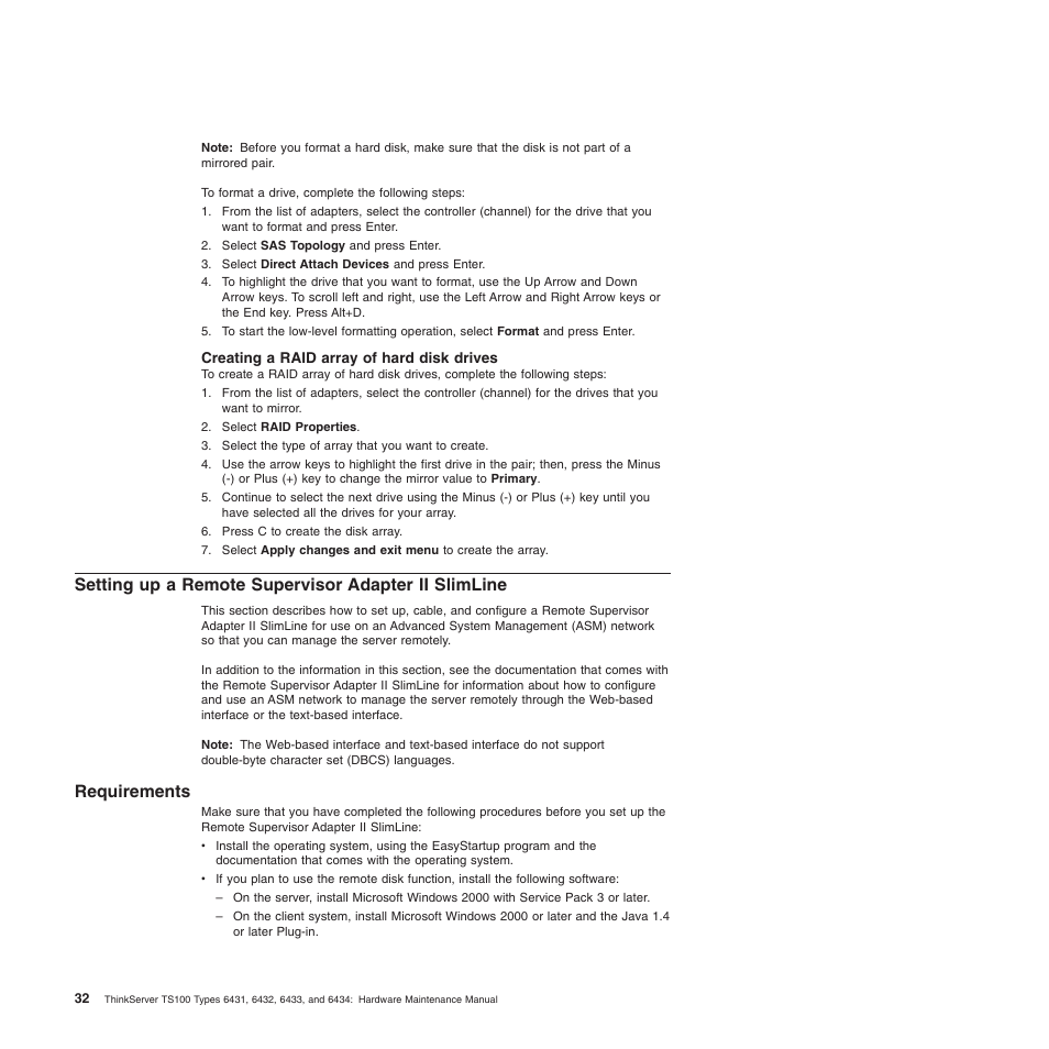 Creating a raid array of hard disk drives, Setting up a remote supervisor adapter ii slimline, Requirements | Lenovo TS100 User Manual | Page 50 / 284