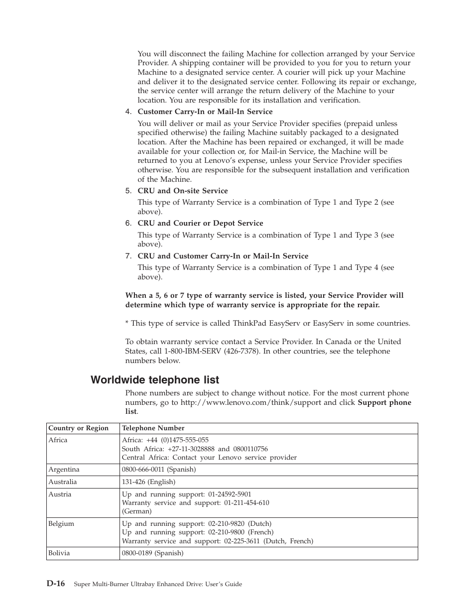 Worldwide telephone list, Worldwide, Telephone | List, D-16 | Lenovo ThinkPad 40Y8710 User Manual | Page 56 / 68