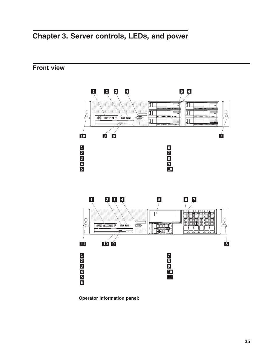 Chapter 3. server controls, leds, and power, Front view, Chapter | Server, Controls, Leds, Power, Front, View | Lenovo 6446 User Manual | Page 49 / 112