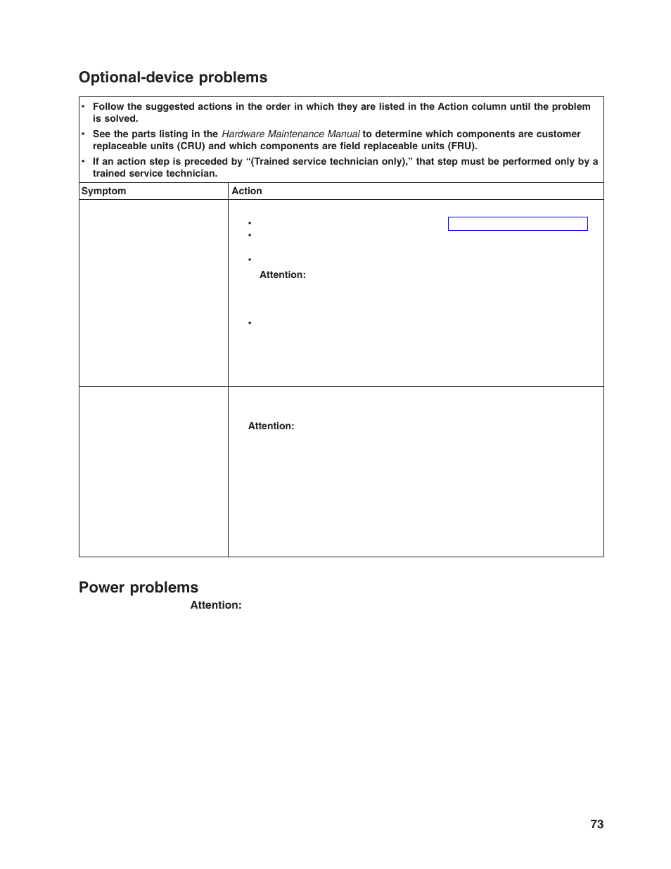 Optional-device problems, Power problems, Optional-device | Problems, Power | Lenovo 6446 User Manual | Page 87 / 112