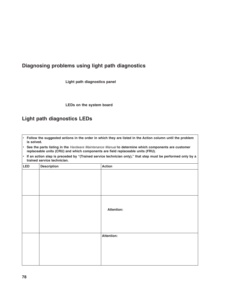 Diagnosing problems using light path diagnostics, Light path diagnostics leds, Diagnosing | Problems, Using, Light, Path, Diagnostics, Leds | Lenovo 6446 User Manual | Page 92 / 112